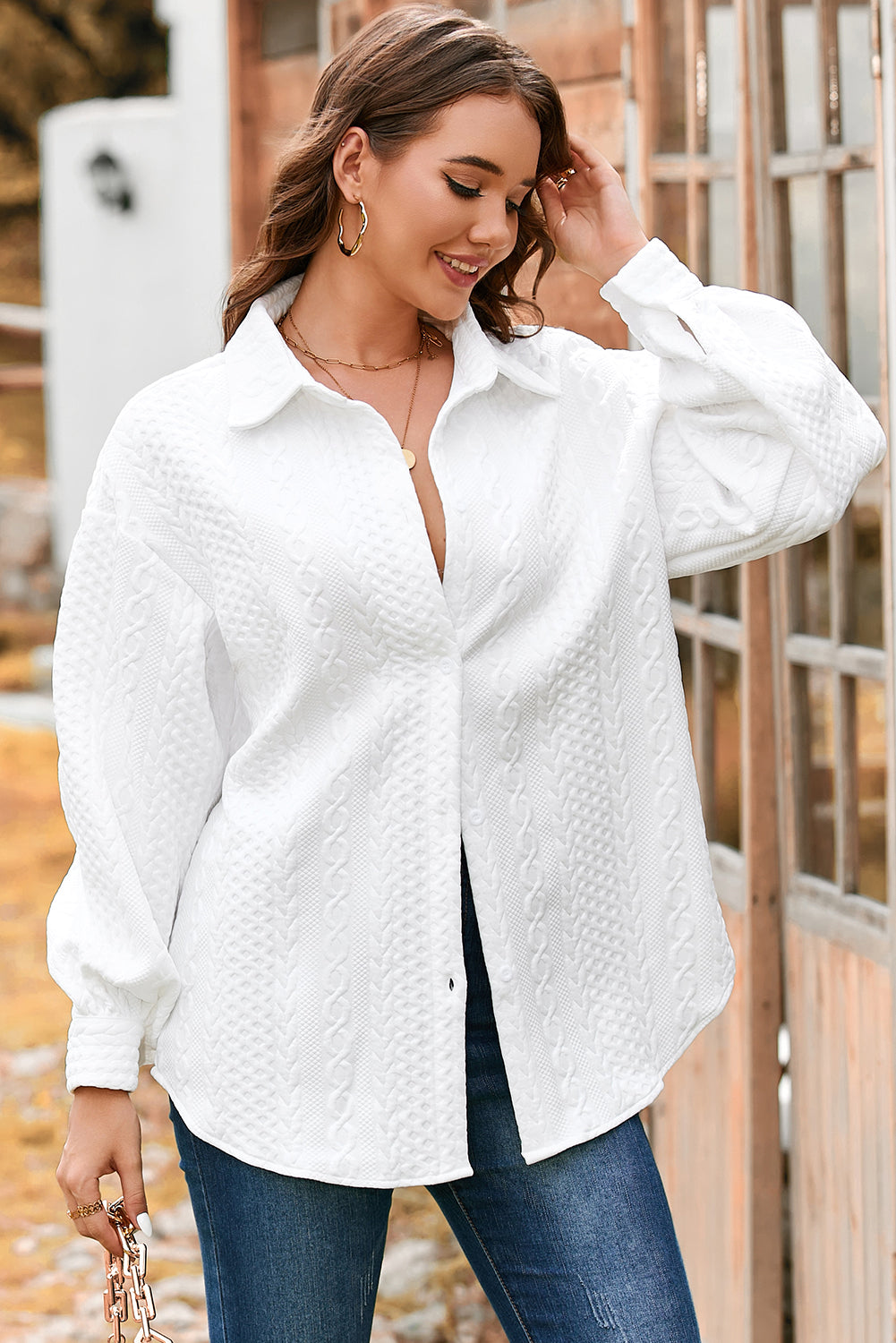 Light Grey Cable Texture Puff Sleeve Loose Shacket
