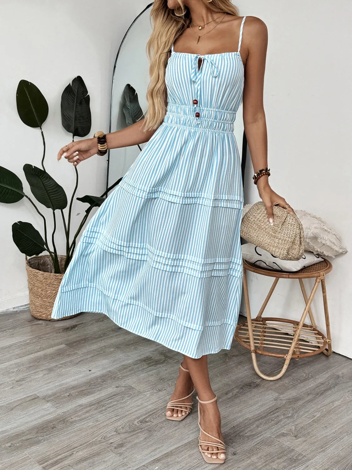 blue and white striped spaghetti strap dress Women's Elegant Backless Spaghetti Strap A-Line Dress, Blue And White Striped Woven Fabric Slip Dress Party Summer