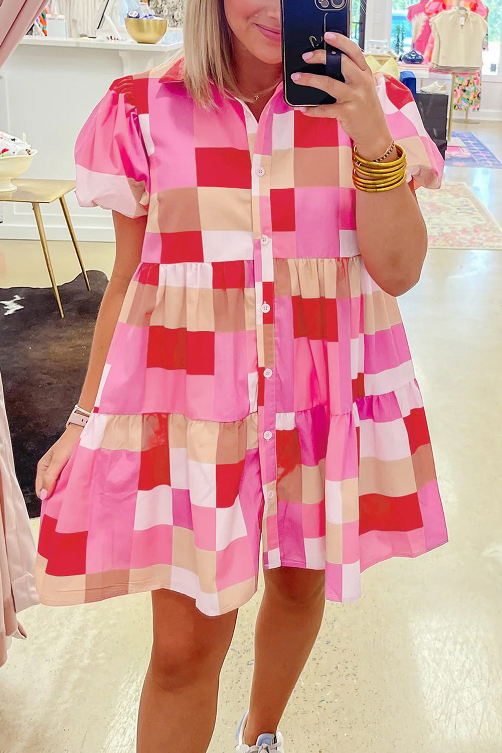 Blue Zone Planet | Pink Plaid Print Puff Sleeve Buttoned Tiered Dress Blue Zone Planet