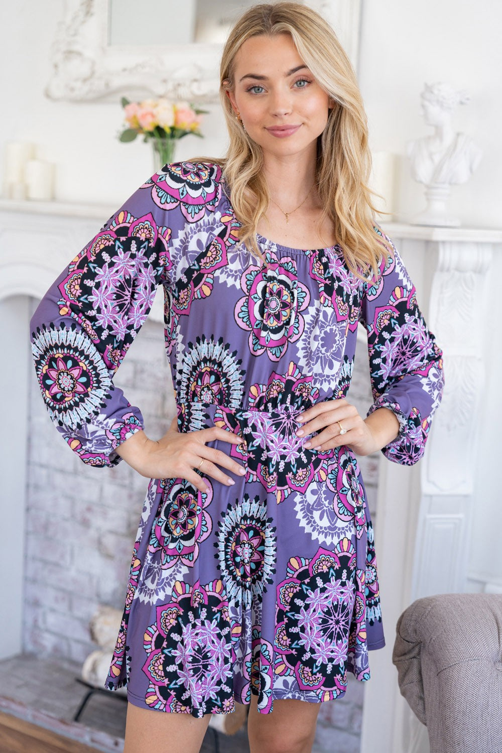 short mini dresses with long sleeves Montret White Birch Printed Long Sleeve Mini Dress with Short Liner Purple / M