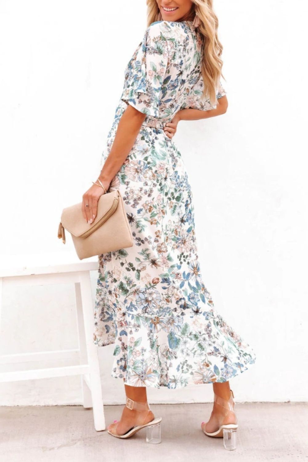 Blue Zone Planet | High-Low Printed Surplice Flutter Sleeve Midi Dress BLUE ZONE PLANET