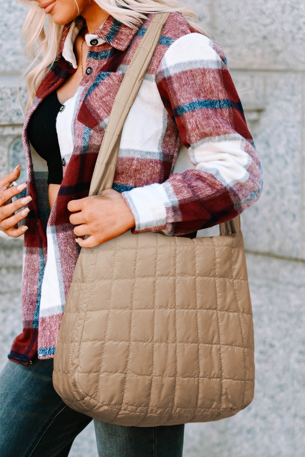 Blue Zone Planet | Light French Beige Quilted Zipper Large Shoulder Bag Blue Zone Planet