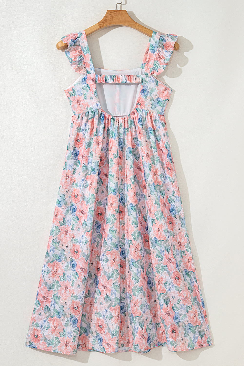 Pink Floral Print Square Neck Backless Long Dress with Slit