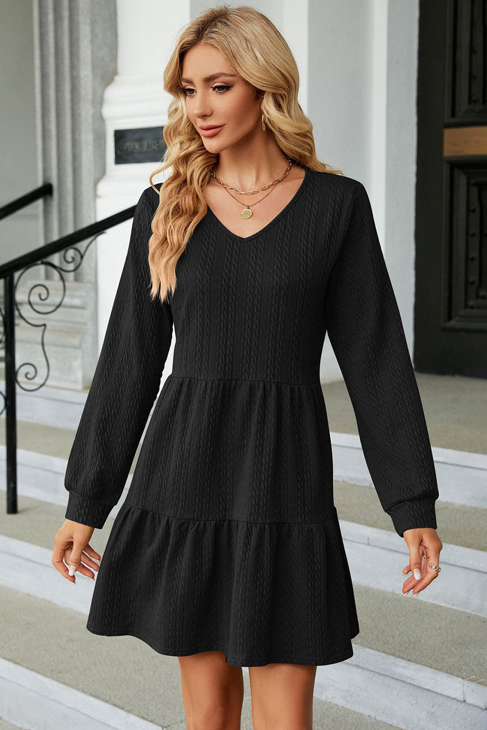 Blue Zone Planet | V-Neck Long Sleeve Mini Dress BLUE ZONE PLANET