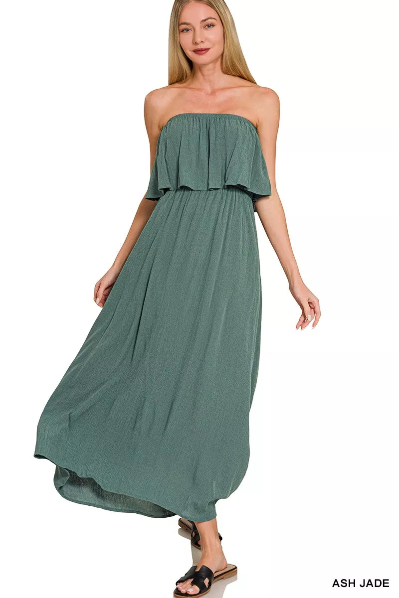 zenana maxi dresses Zenana Woven Crinkle Strapless Maxi Dress