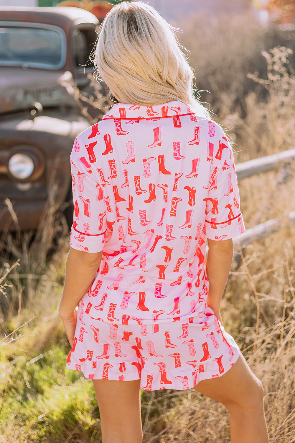 Pink Western Cowgirl Boots Printed Shirt Ruffled Shorts Pajama Set