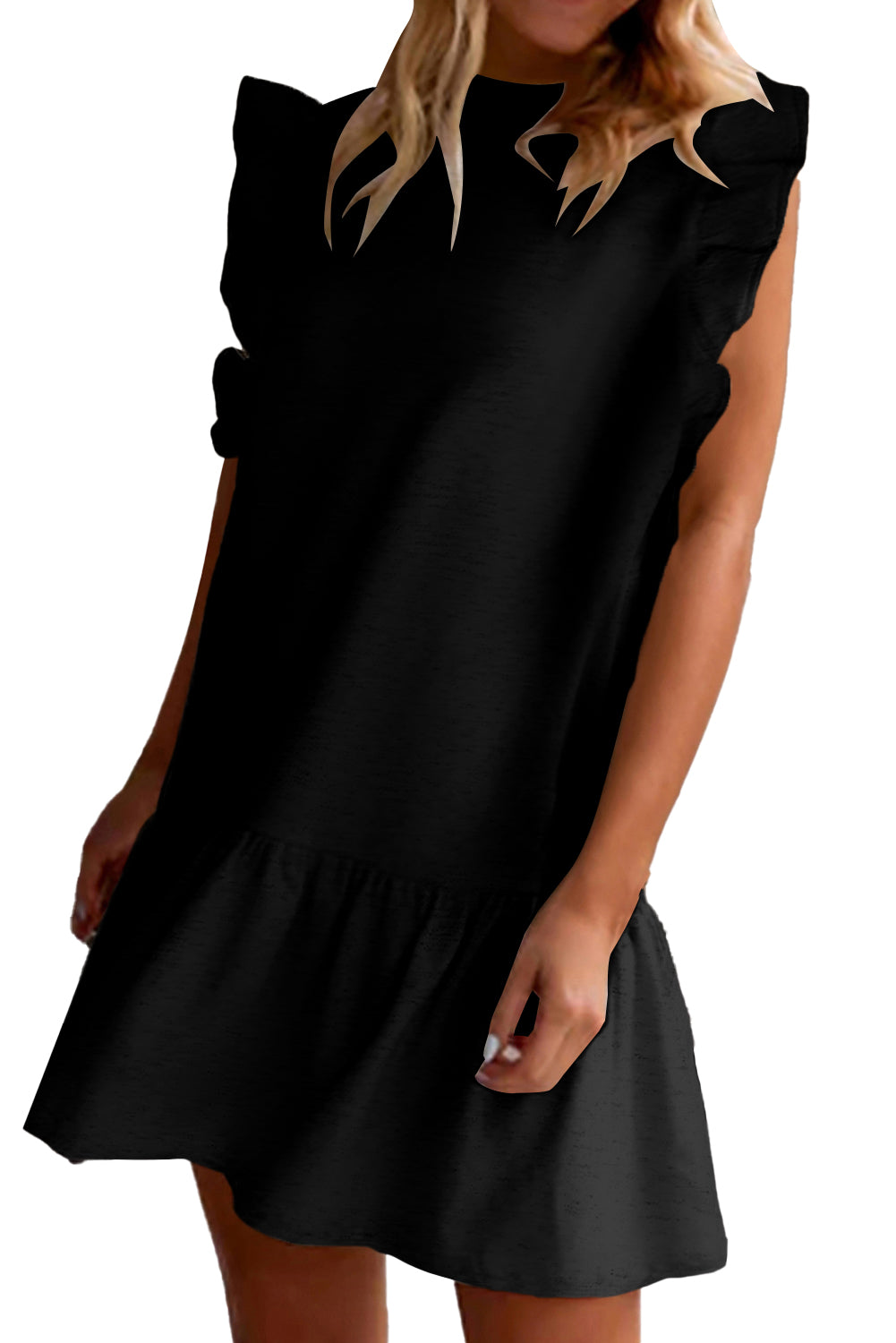 Blue Zone Planet | Black Flutter Sleeve Crew Neck Shift Dress Blue Zone Planet