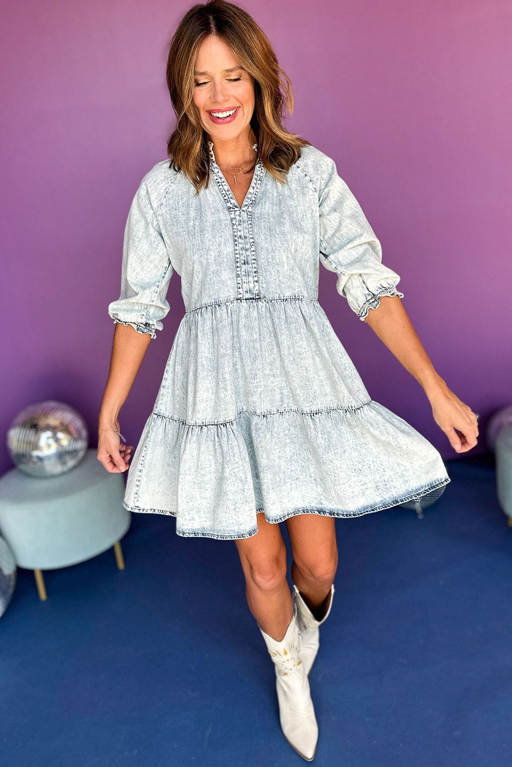 Blue Zone Planet | Dusk Blue Acid Wash Retro Half Sleeve Flared Denim Dress Blue Zone Planet