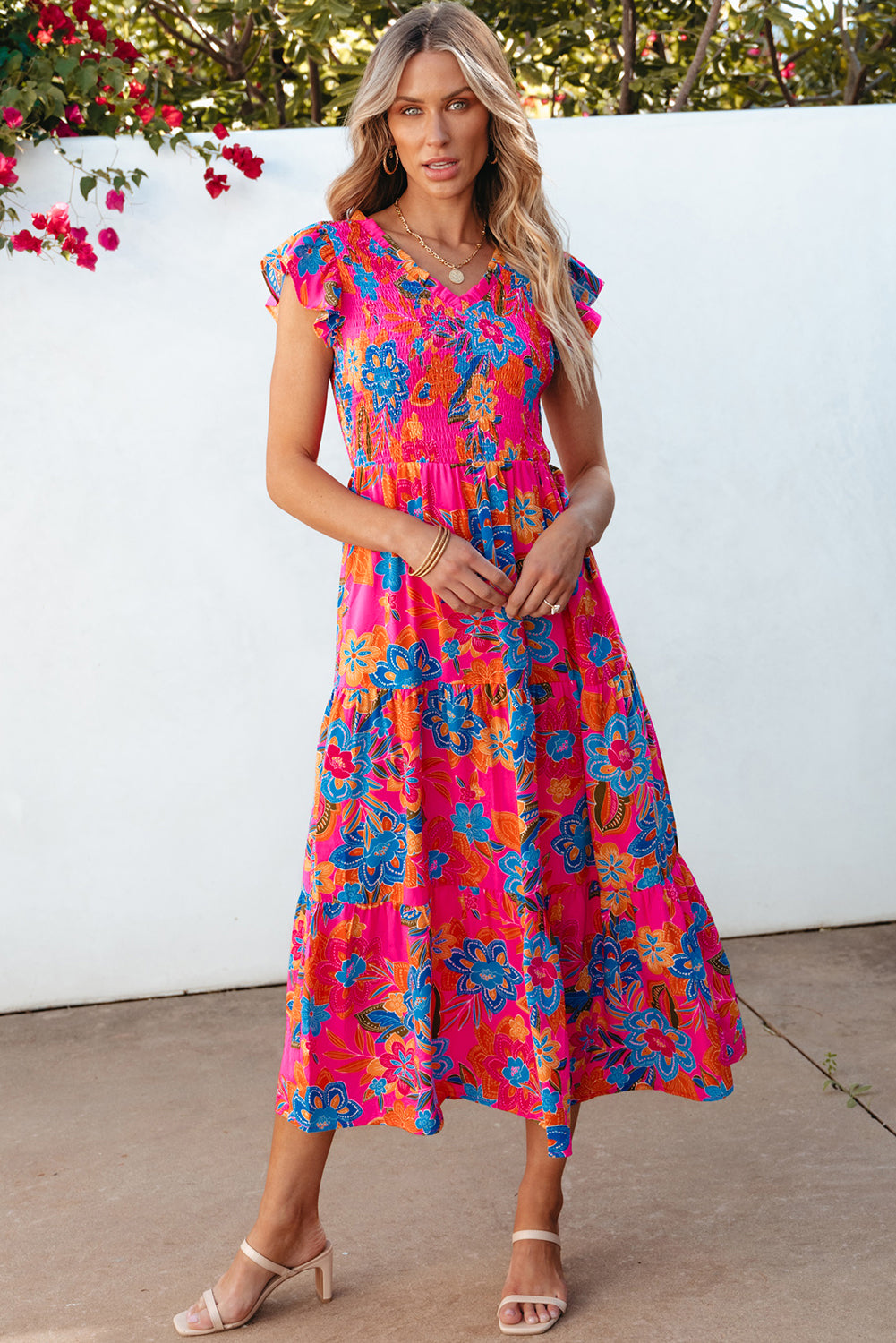 Blue Zone Planet | Dark Blue Boho Floral V Neck Ruffle Tiered Long Dress Blue Zone Planet