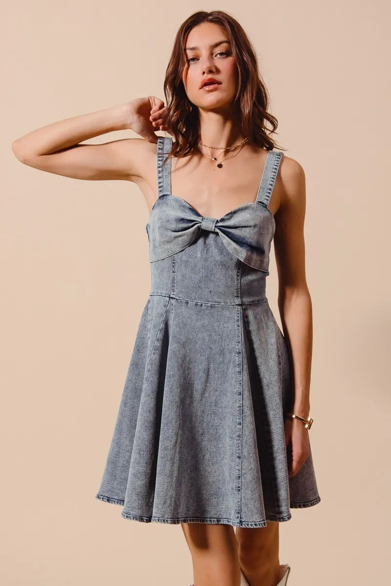 Sun-imperial - mineral washed bow ribbon DENIM flare dress DENIM / S Sun-imperial - mineral washed bow ribbon DENIM flare dress DENIM / S