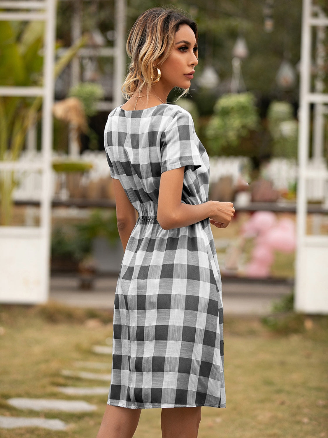 Blue Zone Planet | Smocked Plaid Round Neck Short Sleeve Dress BLUE ZONE PLANET