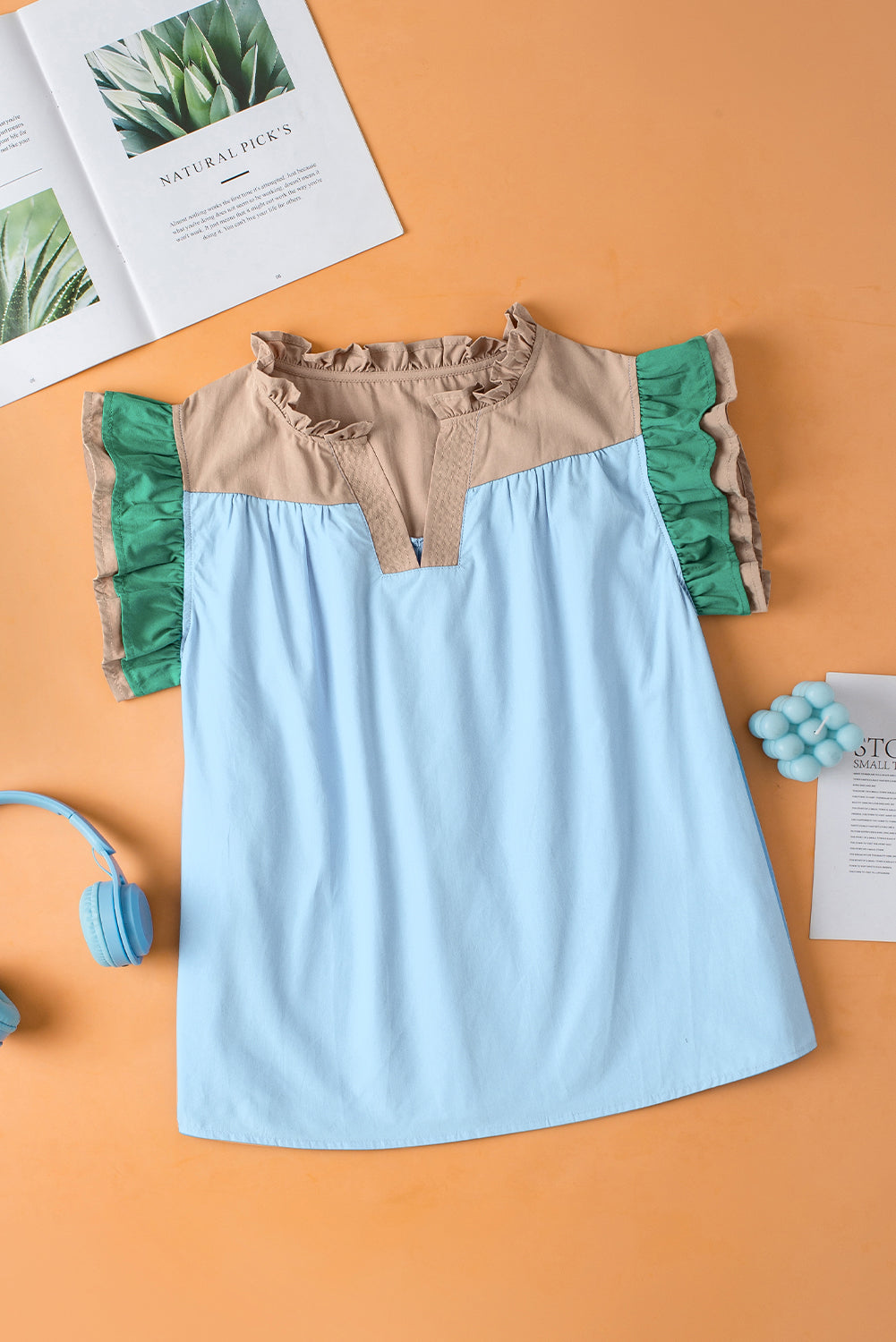 Mist Blue Colorblock Ruffled Sleeve Frill V Neck Blouse Blue Zone Planet