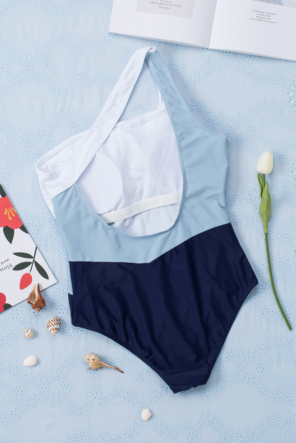 Blue Zone Planet | Sky Blue Color Block One Shoulder Backless One-piece Swimwear Blue Zone Planet