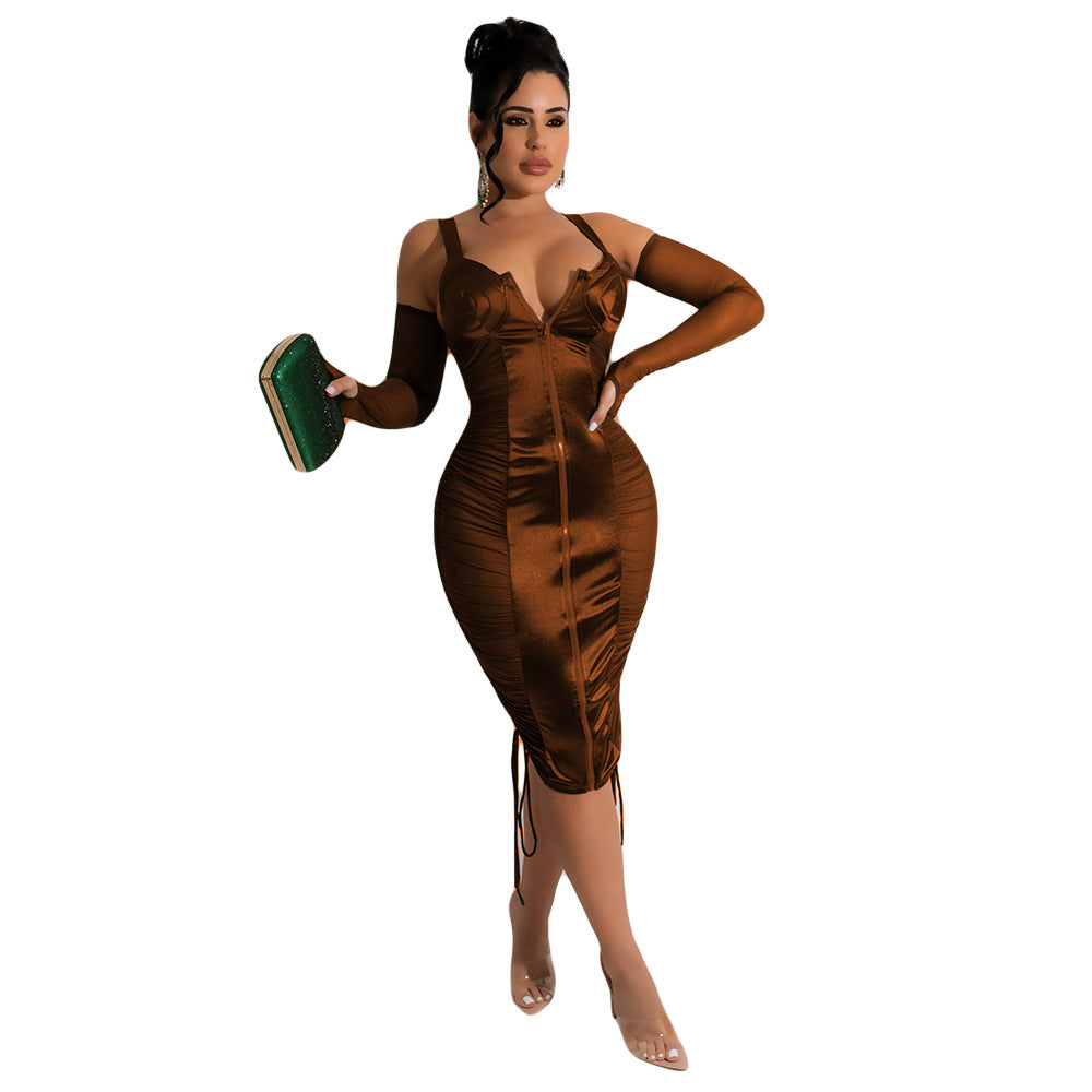 Color Ding Mesh Stitching Sexy Clubwear Party Bodycon Midi Dress Blue Zone Planet