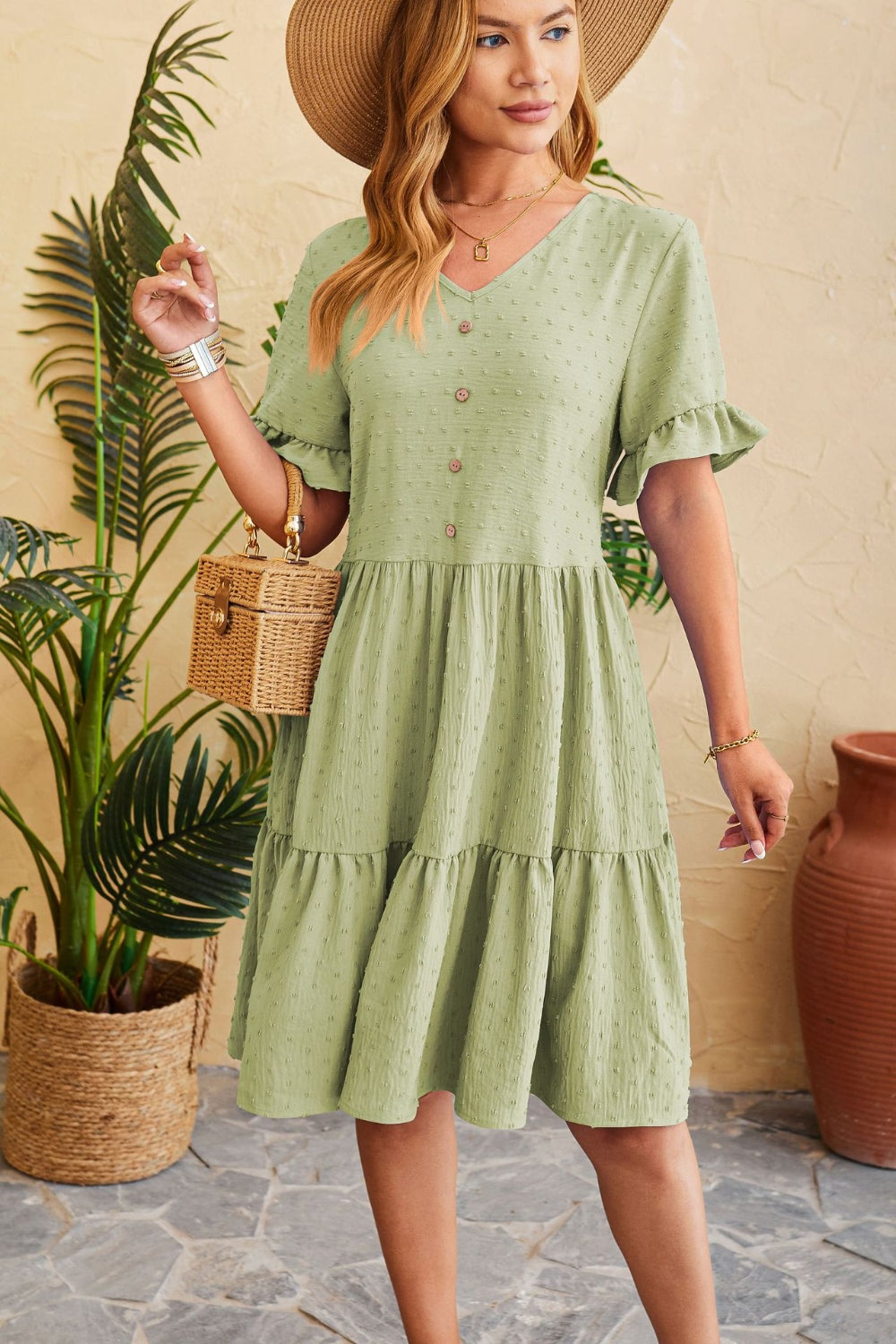Blue Zone Planet | Swiss Dot Ruffled V-Neck Tiered Dress BLUE ZONE PLANET