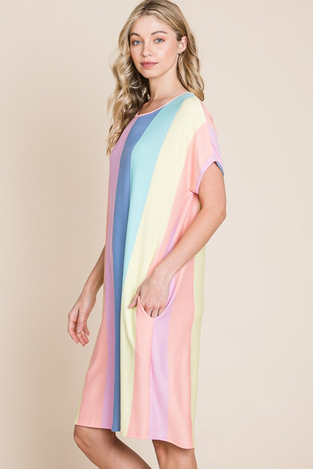Blue Zone Planet | BOMBOM Striped Short Sleeve Dress with Pockets BLUE ZONE PLANET