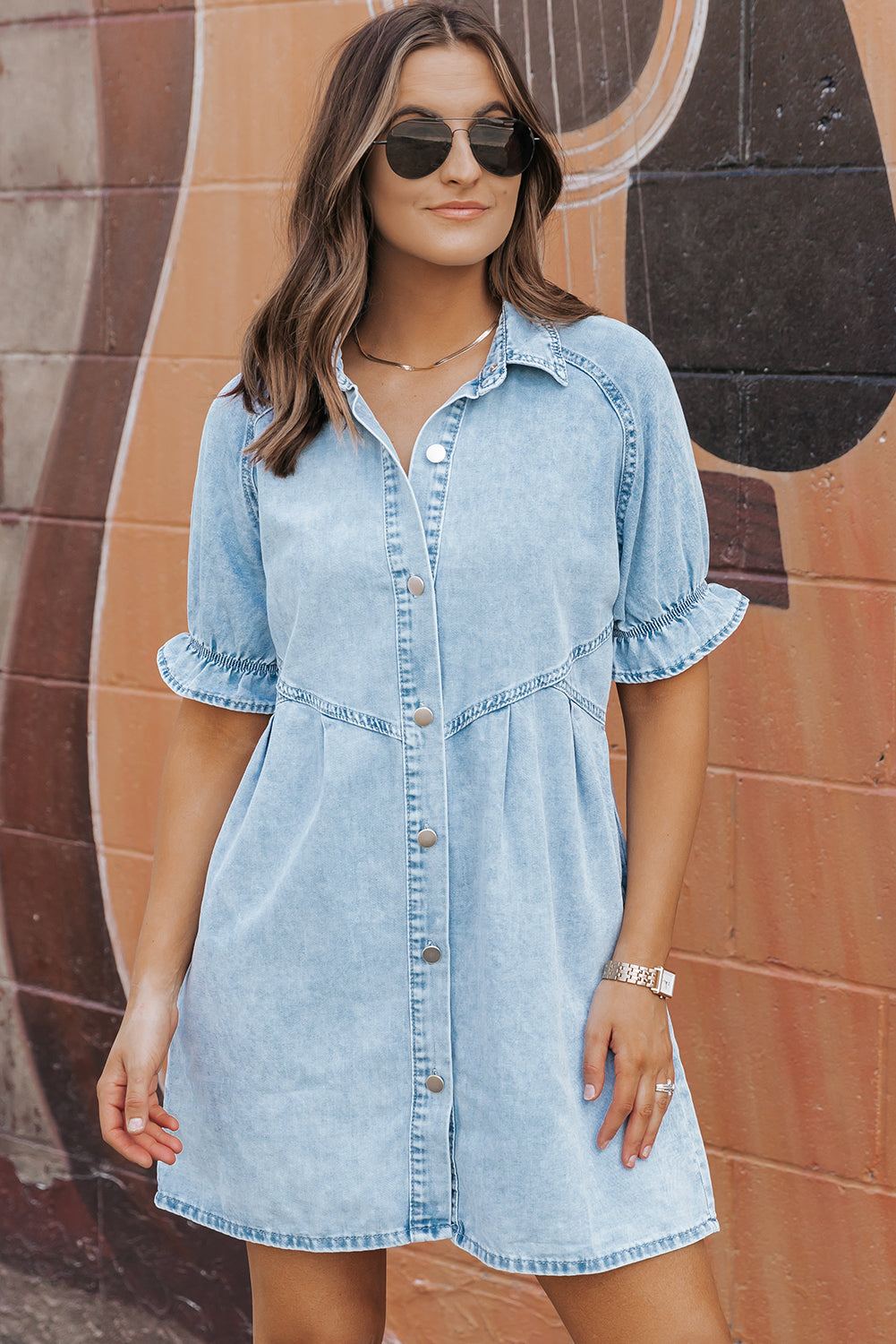 Blue Zone Planet |  Beau Blue Mineral Wash Ruffled Short Sleeve Buttoned Denim Dress Blue Zone Planet