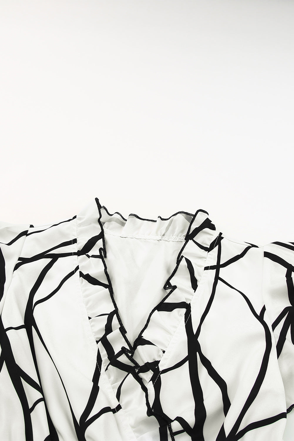Blue Zone Planet | White Abstract Vein Print V Neck Ruffle Maxi Dress Blue Zone Planet