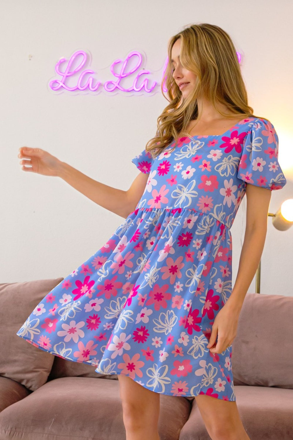 BiBi Floral Puff Sleeve Mini Dress BLUE ZONE PLANET