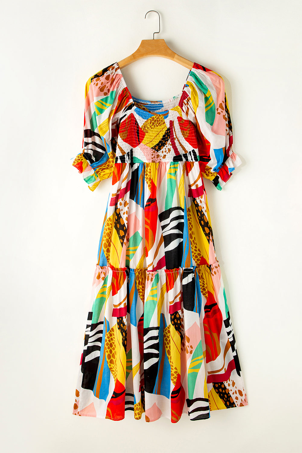 Blue Zone Planet | White Square Neck Smocked Abstract Print Boho Maxi Dress Blue Zone Planet