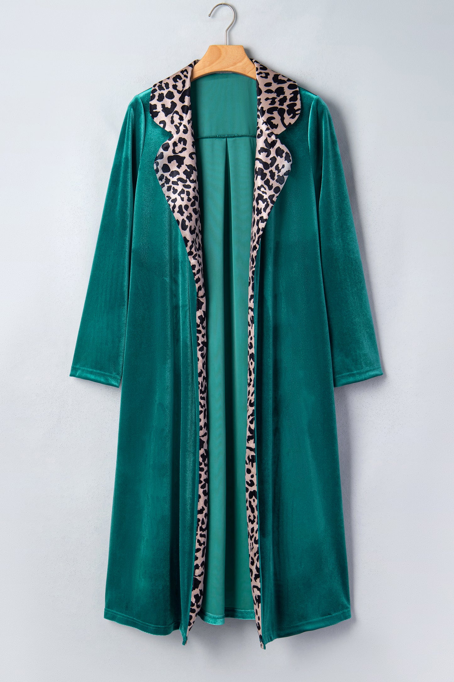 Skobeloff Velvet Contrast Leopard Print Lapel Collar Open Front Cardigan