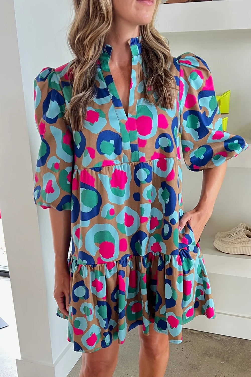 Blue Zone Planet | Green Leopard Print Bubble Sleeve Slit Neck Ruffled Dress Blue Zone Planet