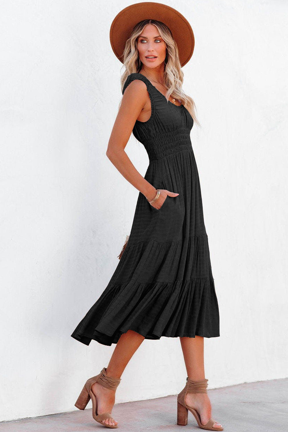 Brown U-Neck Sleeveless Ruched Tiered Ruffled Midi Dress Blue Zone Planet