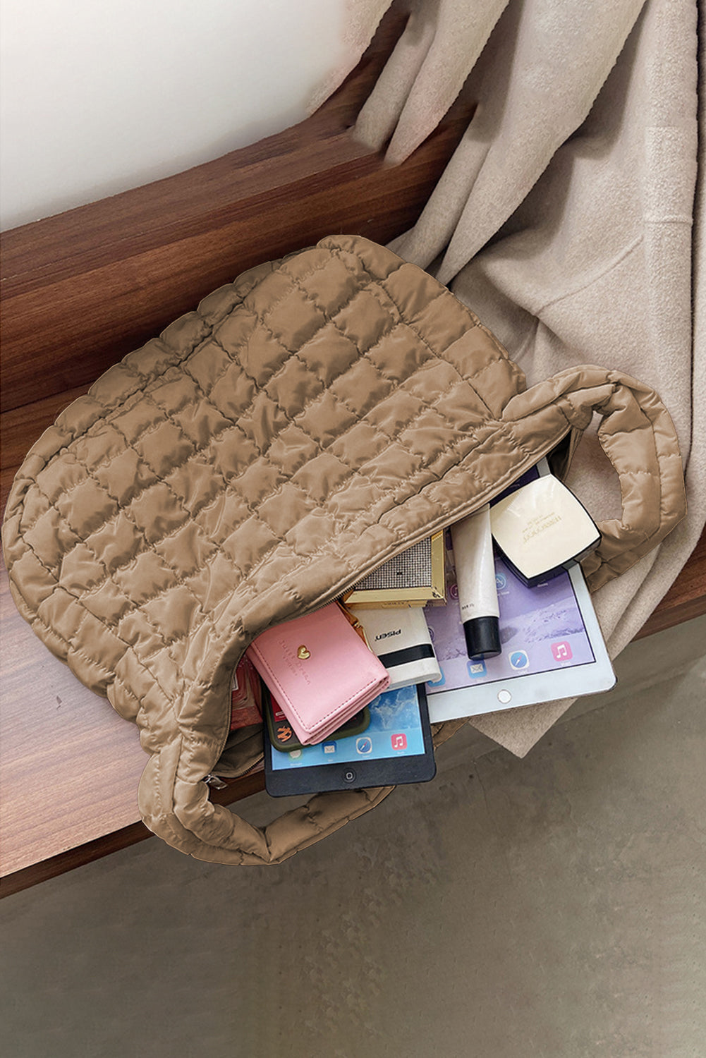 Blue Zone Planet | Light French Beige Quilted Zipper Large Shoulder Bag Blue Zone Planet