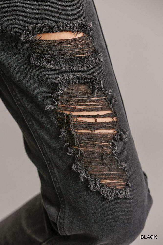 5 Pockets Non-stretch Straight Cut Distressed Denim Jeans With Raw Hem Blue Zone Planet