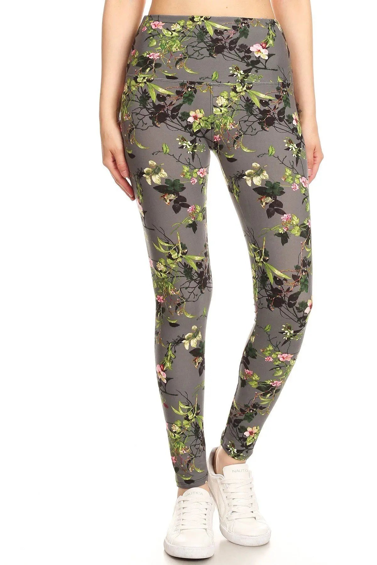 5-inch Long Yoga Style Banded Lined Floral Printed Knit Legging With High Waist Blue Zone Planet