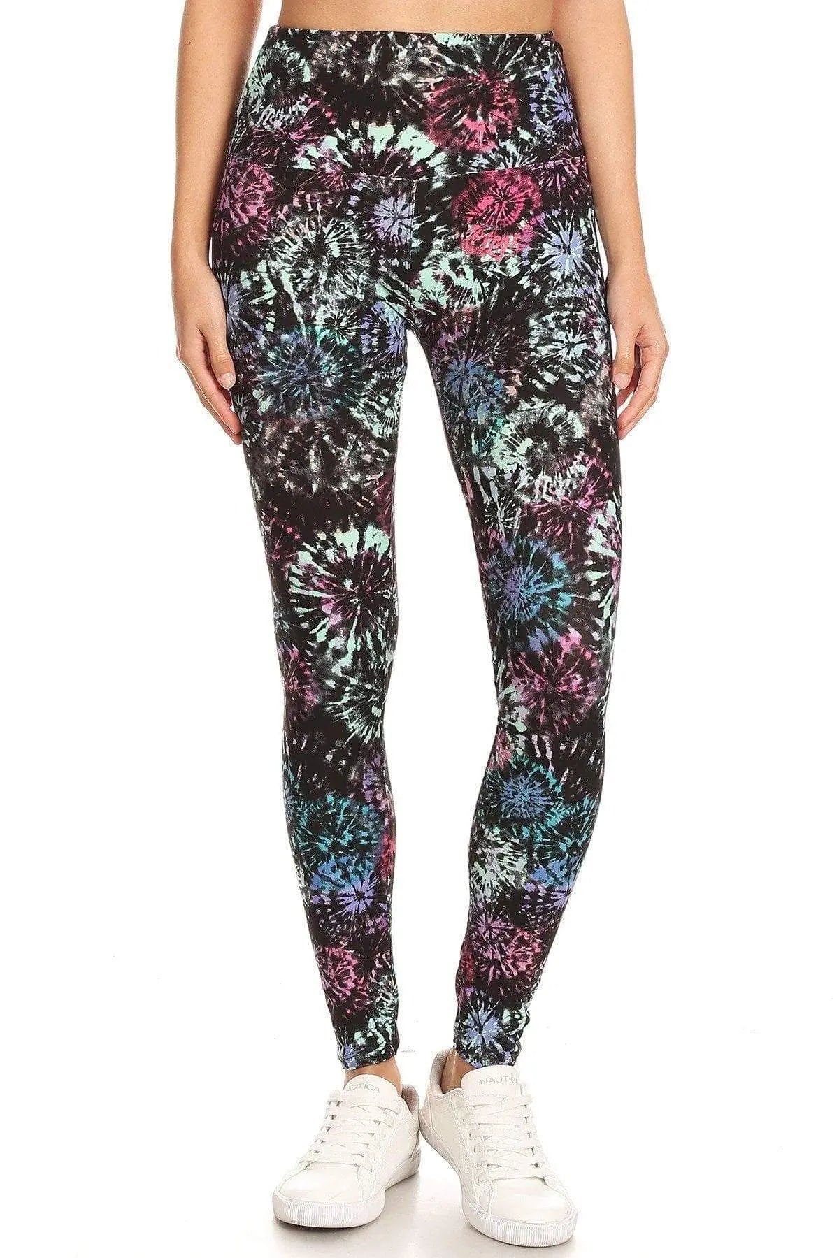 5-inch Long Yoga Style Banded Lined Tie-Dye Printed Knit Legging With High Waist. Blue Zone Planet