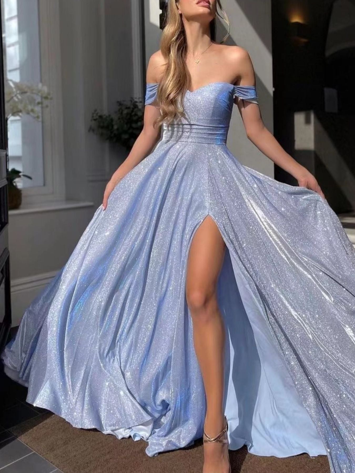 blue tie dress Off-Shoulder High Slit Maxi Dress – Blue Zone Planet