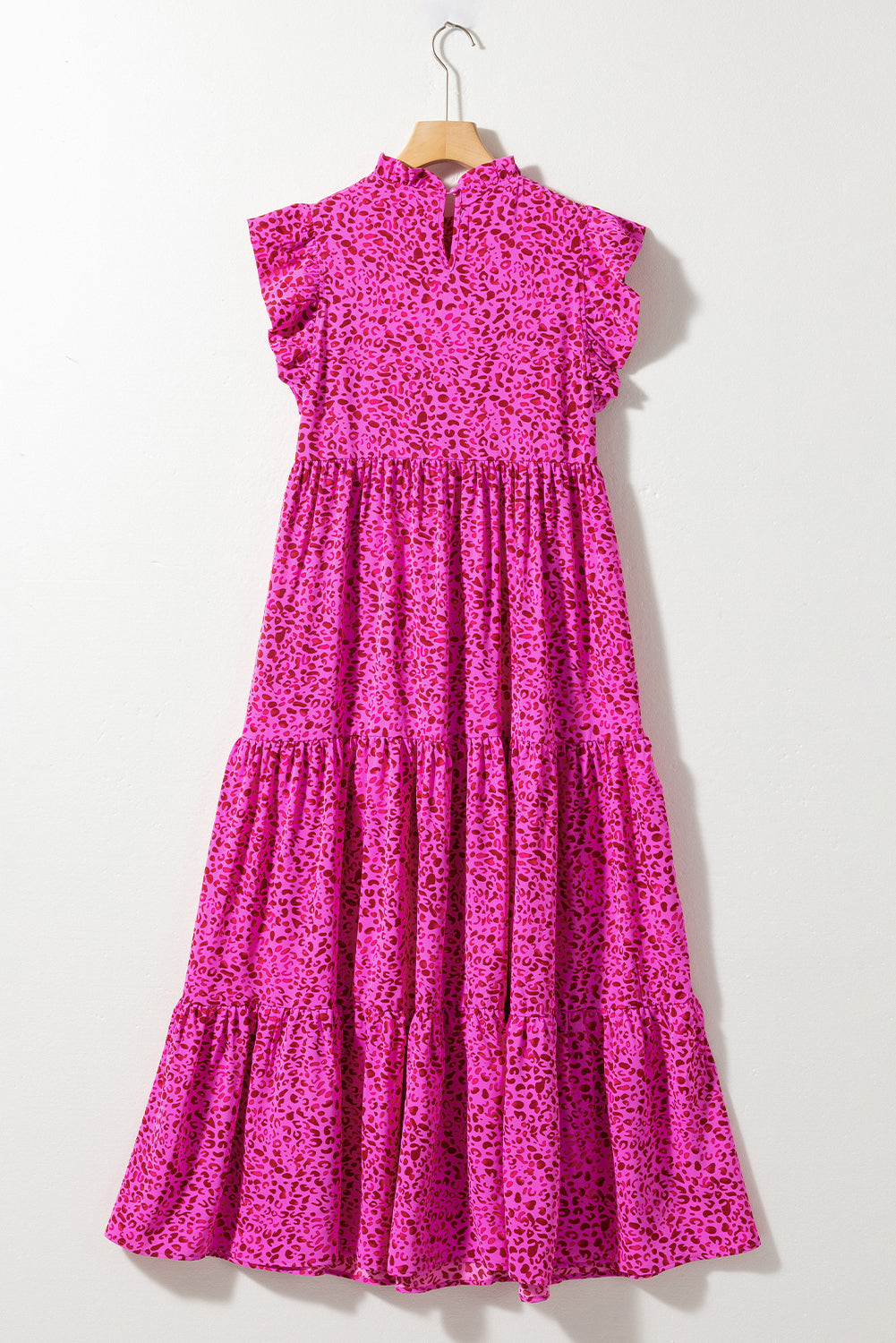 Blue Zone Planet | Rose Red Leopard Print Ruffled Trim Tiered Maxi Dress Blue Zone Planet