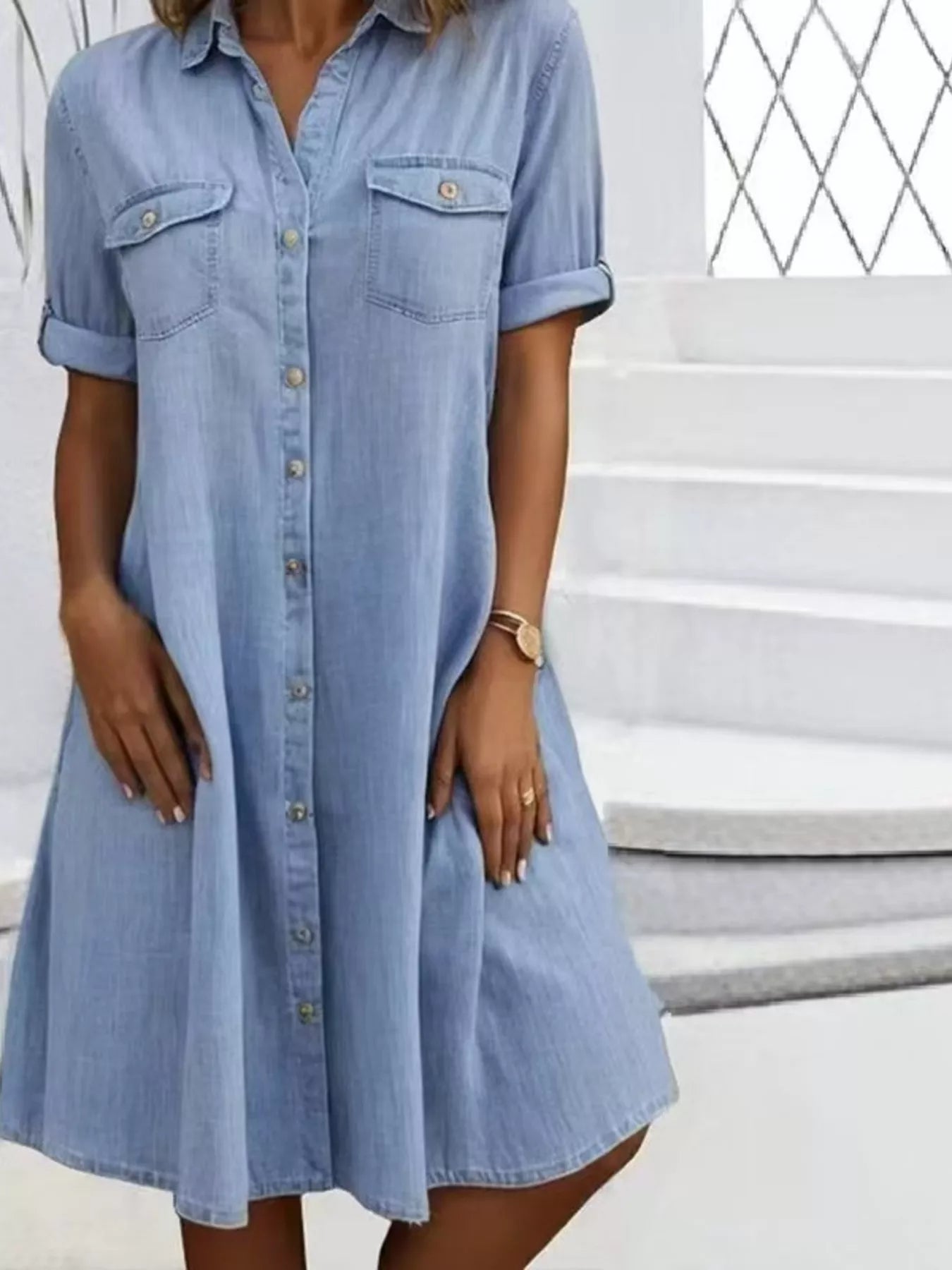 Full Size Button-Front Short Sleeve Denim Dress Plus Size Light Blue / M
