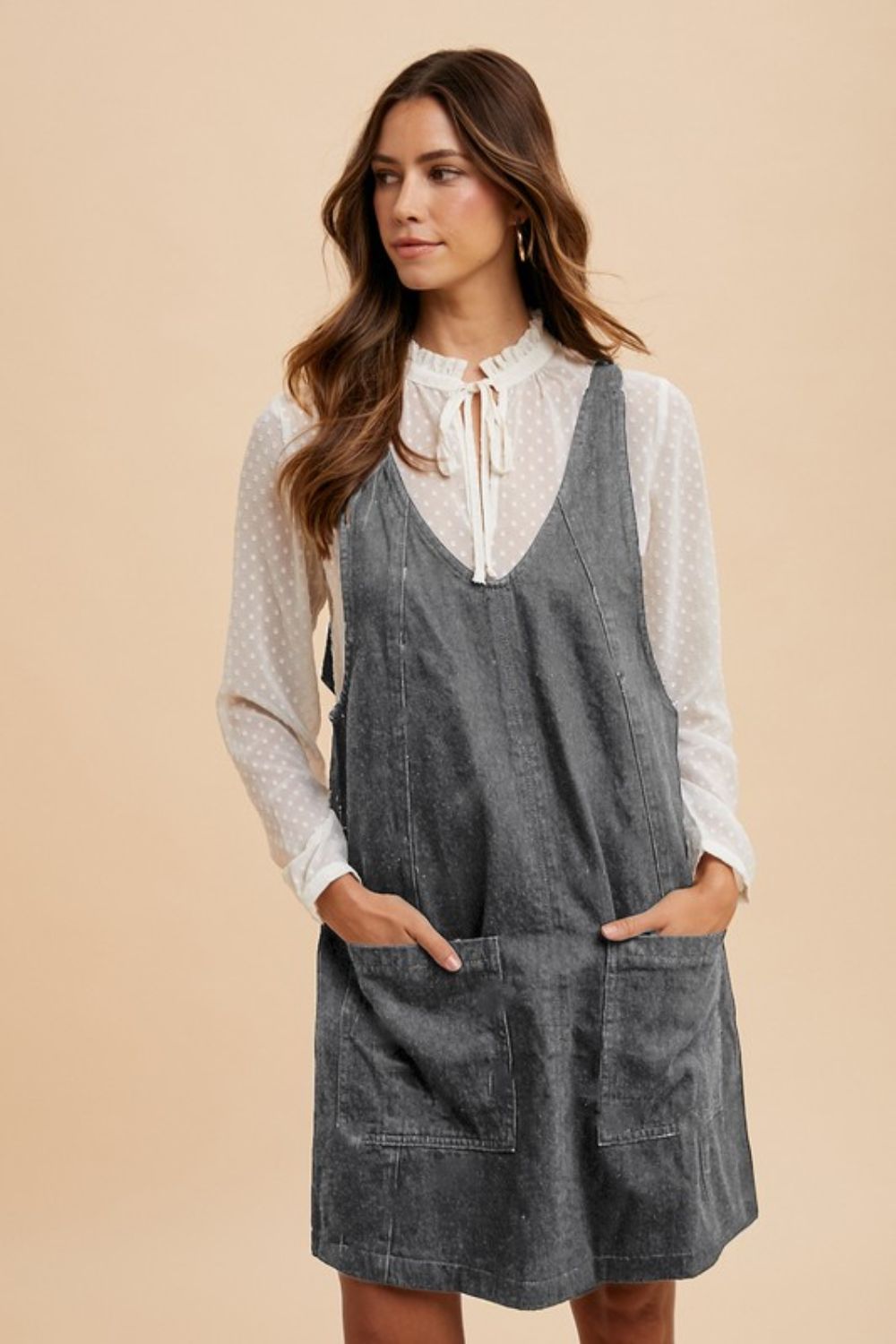 overall dresses women Annie Wear V-Neck Adjustable Strap Denim Overall Dress with Pockets