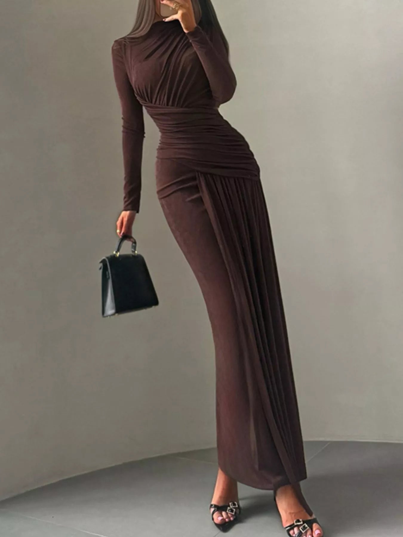 Ruched Long Sleeve Maxi Dress – Blue Zone Planet