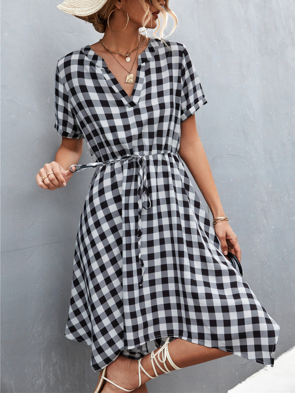 Blue Zone Planet | Plaid Notched Short Sleeve Dress BLUE ZONE PLANET