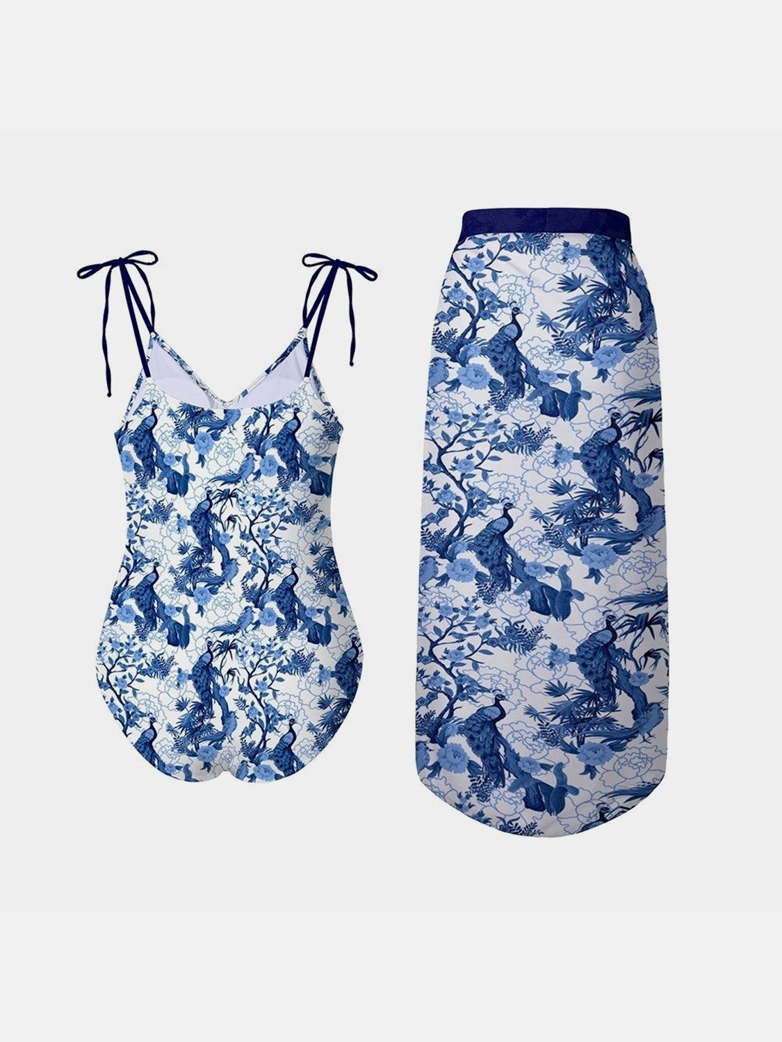 Blue Zone Planet | Printed Tie Shoulder Swimwear and Skirt Swim Set BLUE ZONE PLANET