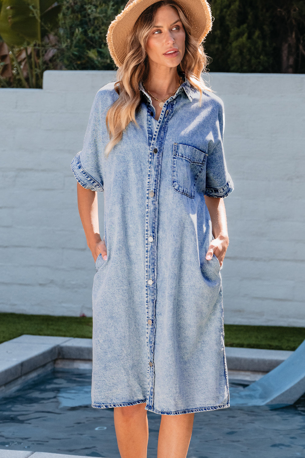 Light Blue Loose Medium Wash Short Sleeve Shirt Chambray Dress Blue Zone Planet