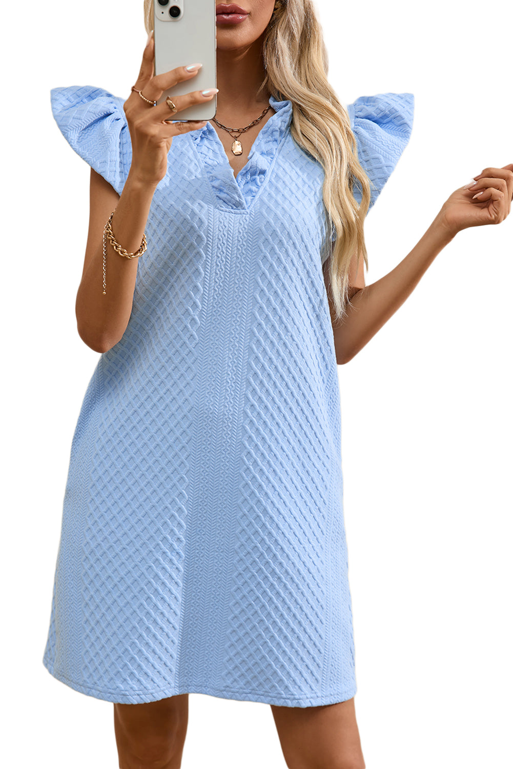 Light Blue Textured Puff Sleeve Ruffled V Neck Shift Mini Dress Blue Zone Planet