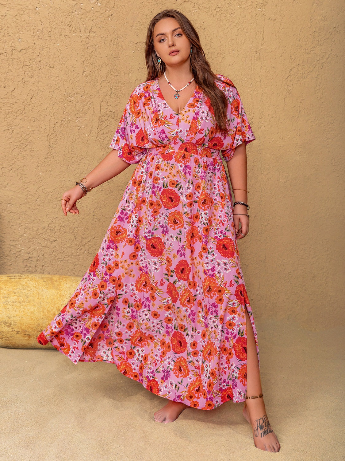 Plus Size Slit Floral V-Neck Half Sleeve Maxi Dress Blue Zone Planet Plus Size Slit Floral V-Neck Half Sleeve Maxi Dress Blue Zone Planet