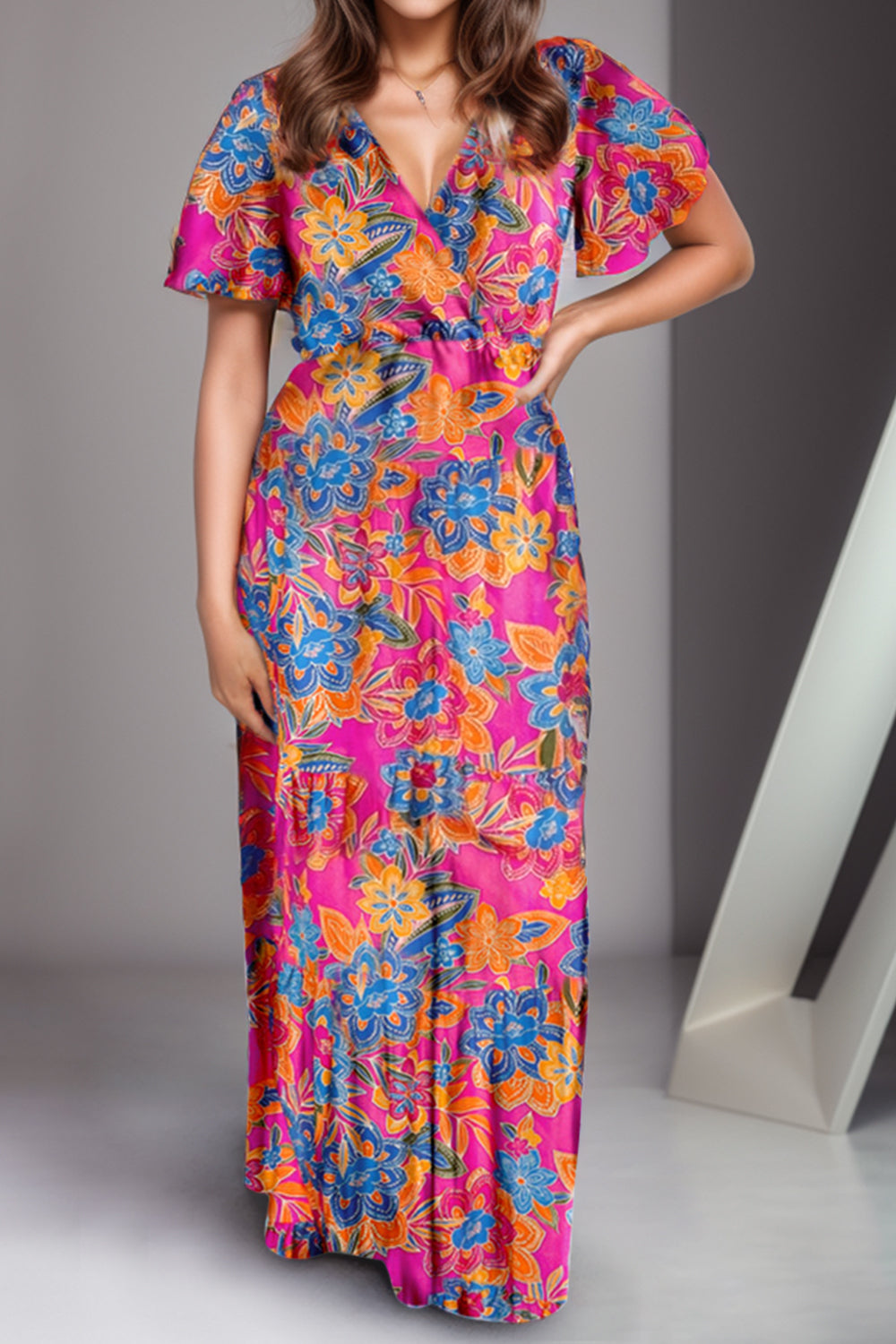 Printed Surplice Short Sleeve Maxi Dress BLUE ZONE PLANET