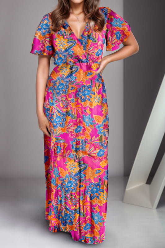 Printed Surplice Short Sleeve Maxi Dress BLUE ZONE PLANET