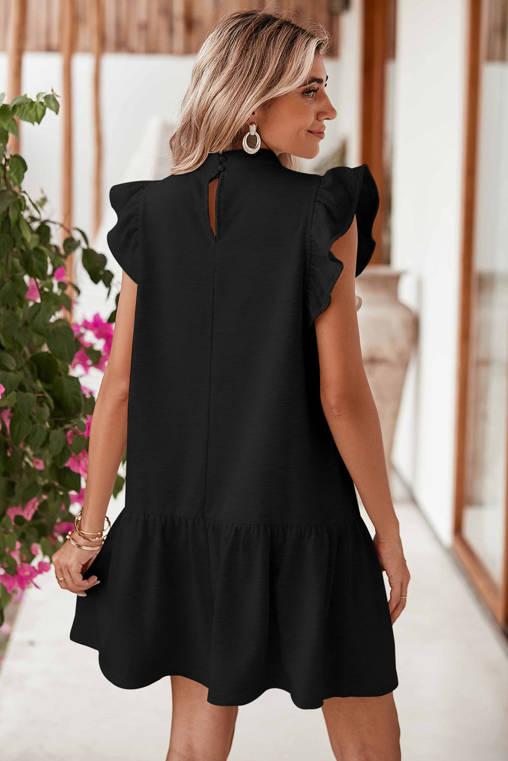 Black Flutter Sleeve Crew Neck Shift Dress Blue Zone Planet