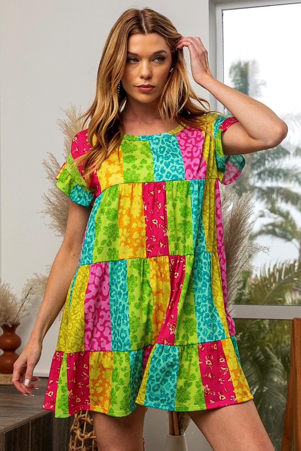 Blue Zone Planet | BiBi Leopard Short Sleeve Tiered Dress BLUE ZONE PLANET