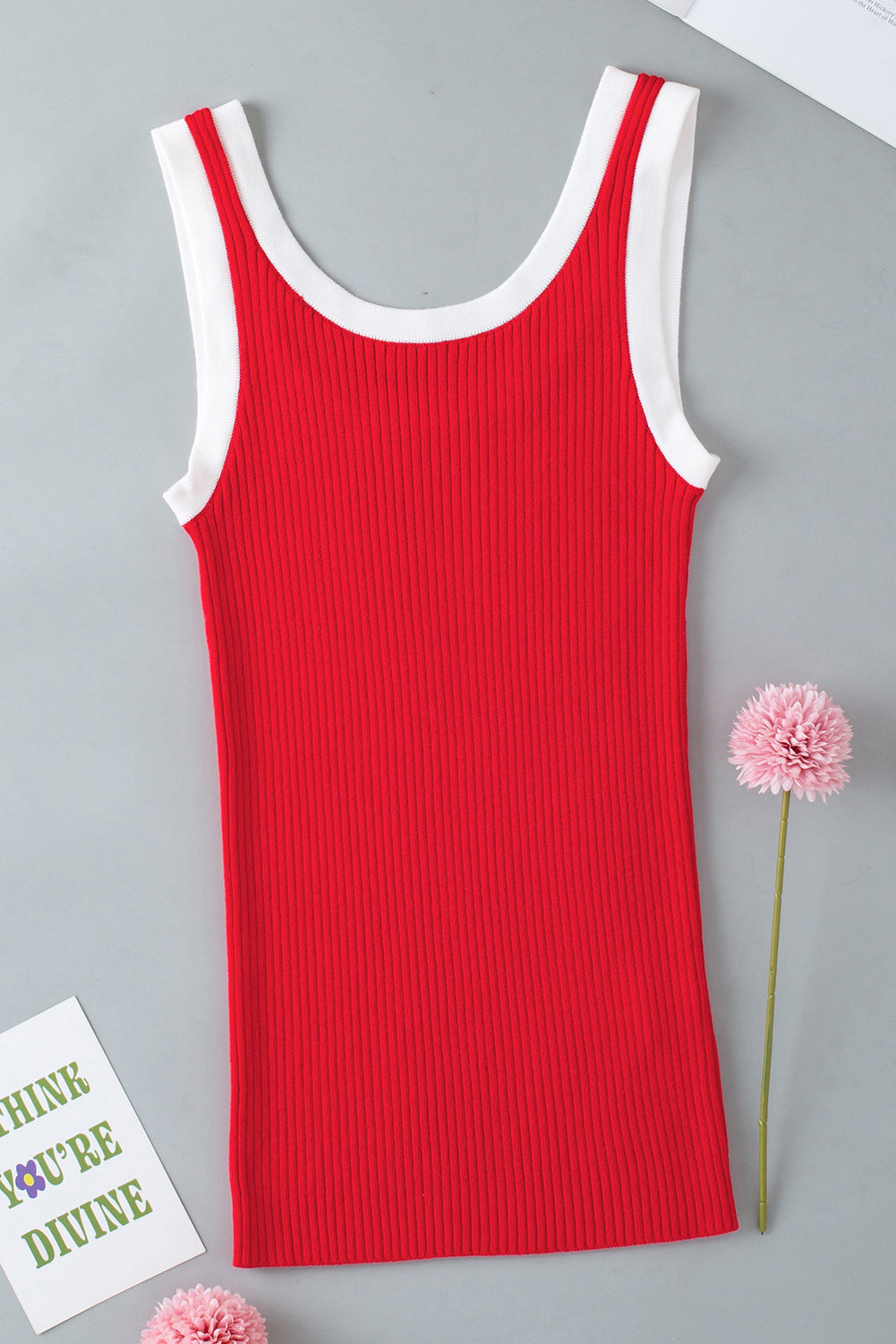 Fiery Red Colorblock Edge Ribbed Knit U Neck Tank Top Blue Zone Planet