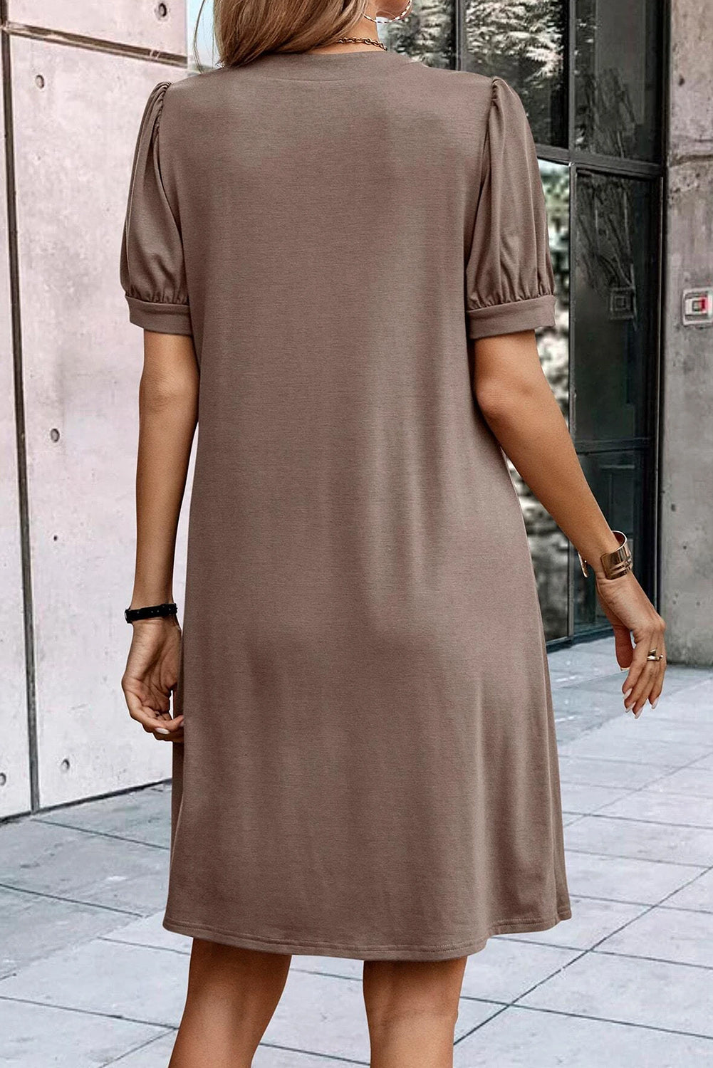 Blue Zone Planet | Black Notched Neck Pleated Puff Sleeve Shift T-shirt Dress Blue Zone Planet