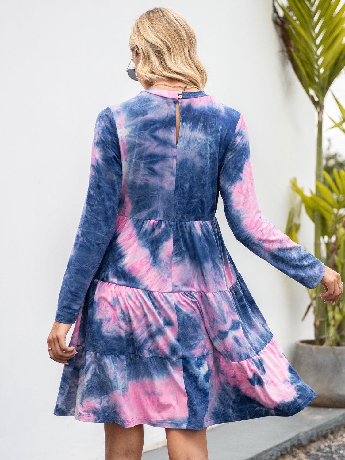 Blue Zone Planet | Tie-Dye Round Neck Long Sleeve Tiered Dress BLUE ZONE PLANET