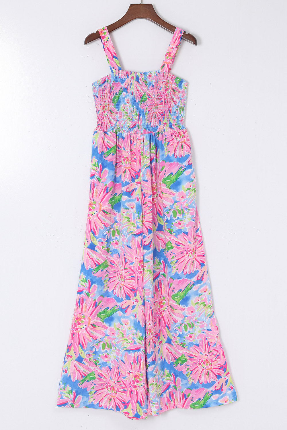 Pink Abstract Floral Painting Smocked Wide Leg Jumpsuit Blue Zone Planet