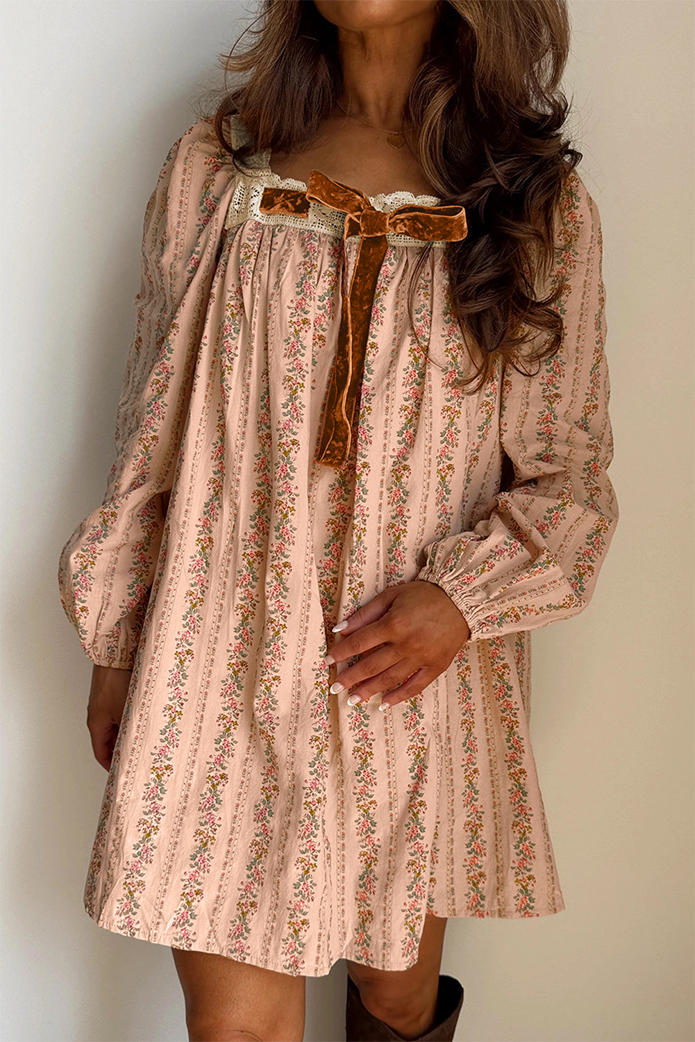Khaki Floral Print Contrast Velvet Bow Lace Patchwork Long Sleeve Loose Mini Dress Khaki / L / 100%Polyester by Blue Zone Planet